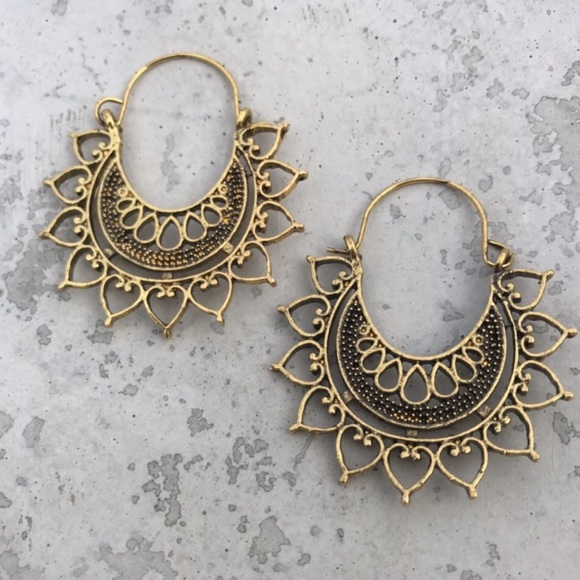 boutique Jewelry - GOLD flower HOOP EARRINGS BOHO carved filigree